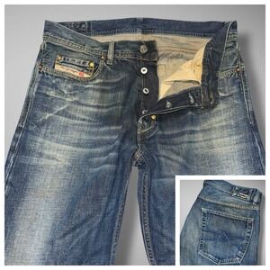 Diesel Jeans Mens 32x29 Blue Baggy Bootcut Button Fly Italy Thrashed Whiskered